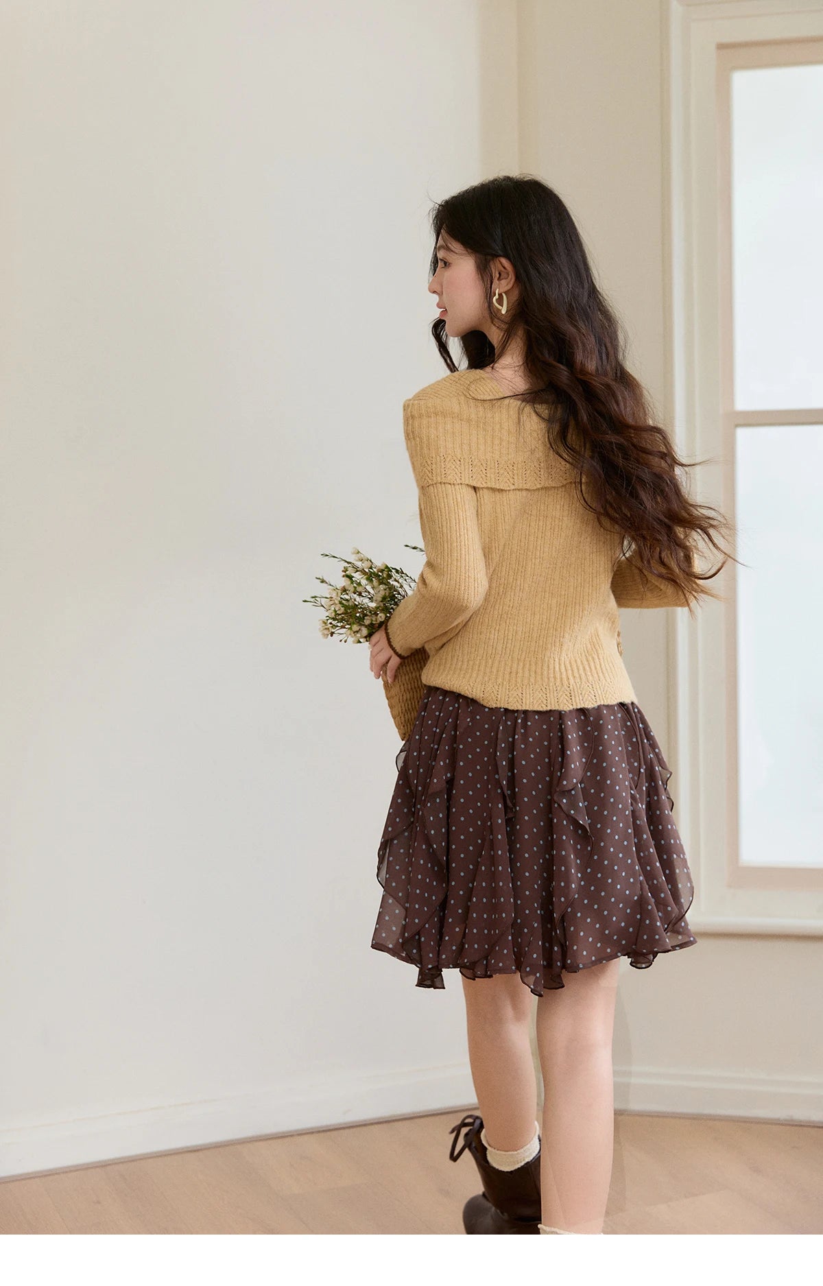 MISHOW Women's Yellow Ribbed Knit Sweater 2026 Spring One Shoulder Collar Floral Embroidery Long Sleeve Thin Sweaters MXF11Z2894