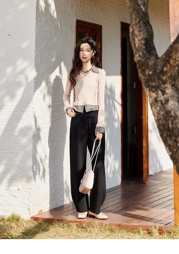 MISHOW Plaid Splicing Fake Two-piece Tops for Women Spring 2025 Contrasting Colors Slim Thin Top V-neck Casual Tees MXE13Z1108