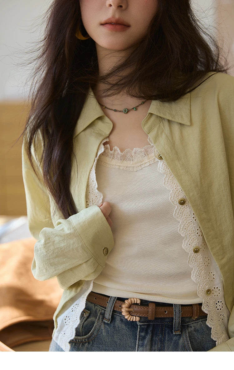 MISHOW Women's Top Green Fake Two Piece Shirt 2025 Autumn Lace Patchwork Lapel Shirts Rear Hem Elastic Short Shirt MXE41C2348