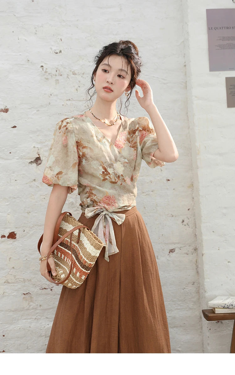 MISHOW French V-neck Floral Tops 2024 Summer Retro Short Sleeved Blouses Female Puff Sleeve Hem Strap One Piece Top MXD28X1619