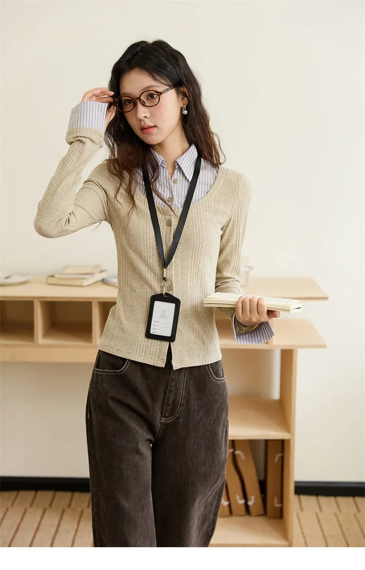 MISHOW Women's Fake Two Knitted Top 2025 Autumn Oat Shirt Collar Splicing Striped Cuffs Thin Sweaters Office Lady MXE46Z2535