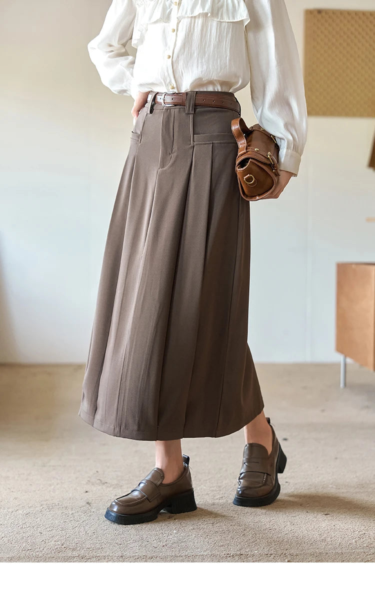 MISHOW Women's Midi Skirt 2023 Autumn Academy Pleated Commuter A-LINE Pockets Solid Split Back Hem Mid-Calf Skirts MXC42B0118