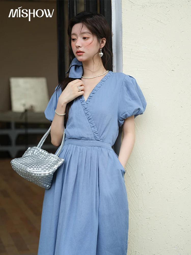 MISHOW Summer Fashion V-neck Dress Woman 2025 New Puff Sleeve Sashes Elegant Pocket Vacation Dresses Ladies Clothing MXE39L2381