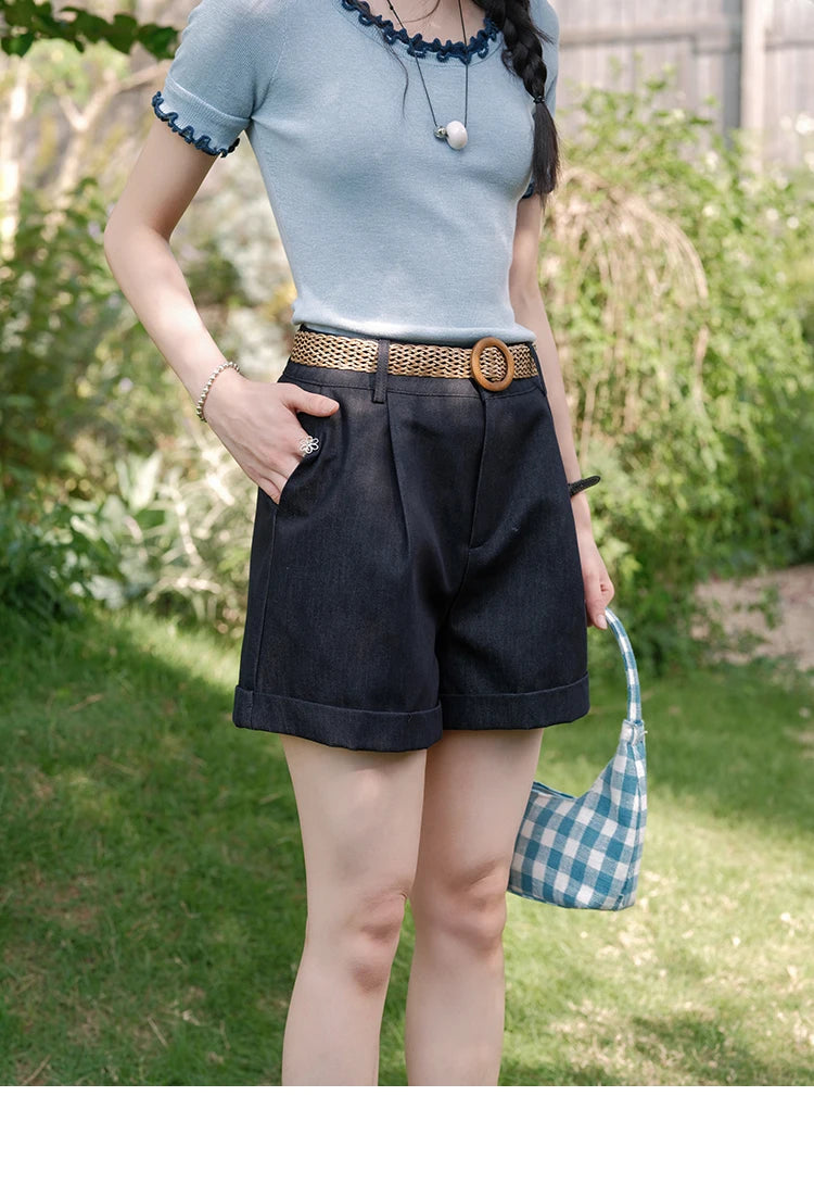 MISHOW Women's Round Neck Knit T-shirt Summer 2025 Fashion Ear Edge Short Top Casual Short Sleeve Tee Female Clothing MXE32Z1233