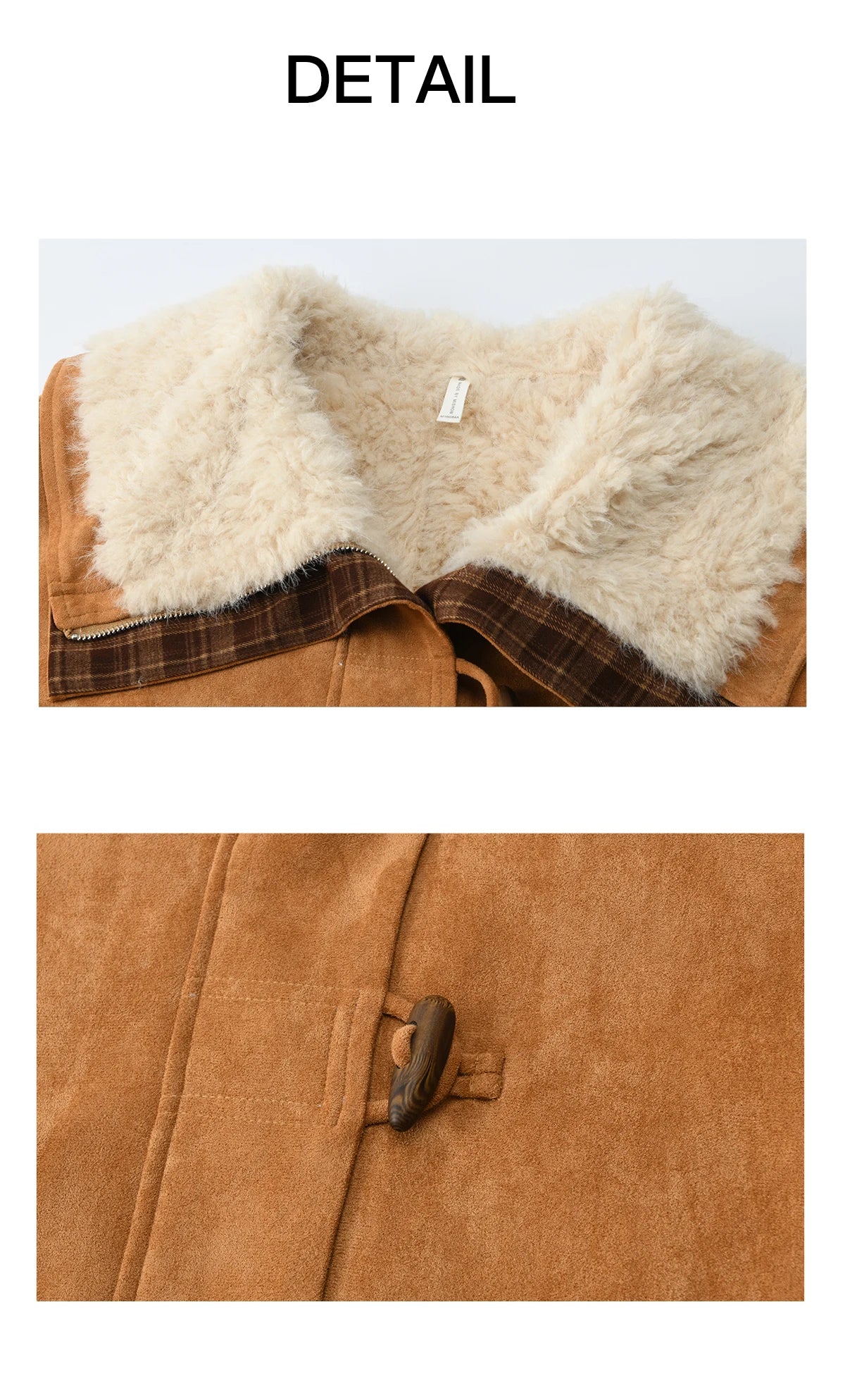 MISHOW Women's Camel Shearling Jacket 2025 Winter Faux Fur Collar Coats Splicing Plaid Horn Button Warm Outerwear MXE91W1002