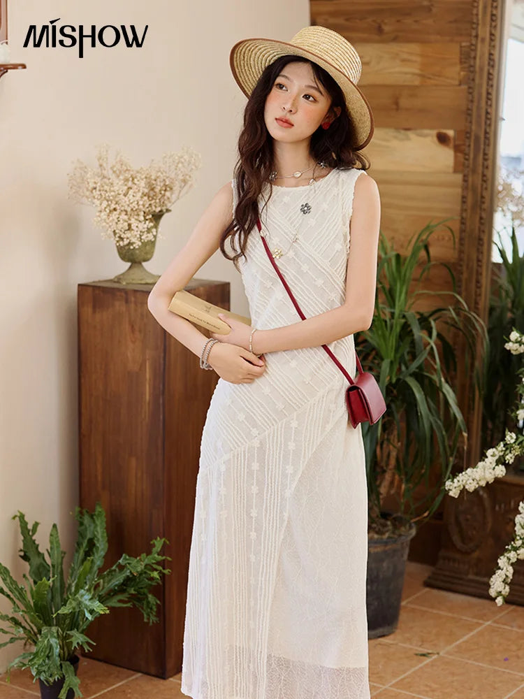 MISHOW Asymmetric Lace Fishtail Dress 2025 Summer Flower Embroidery Sleeveless Elegant Dress Round Neck Long Dresses MXE35L2301