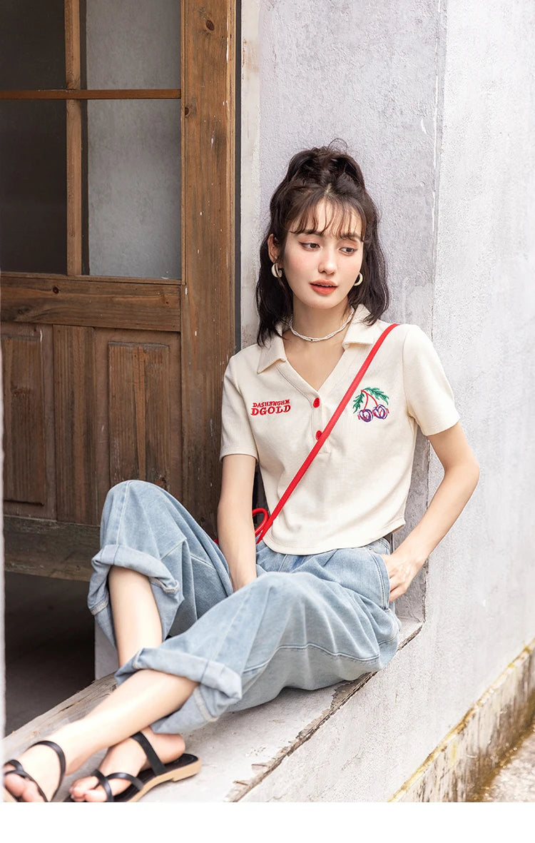 MISHOW Summer T-shirts for Women Korean Fashion Polo Collar Embroidery Letter Short Tops Harajuku Casual Solid Tees MXB32T0477