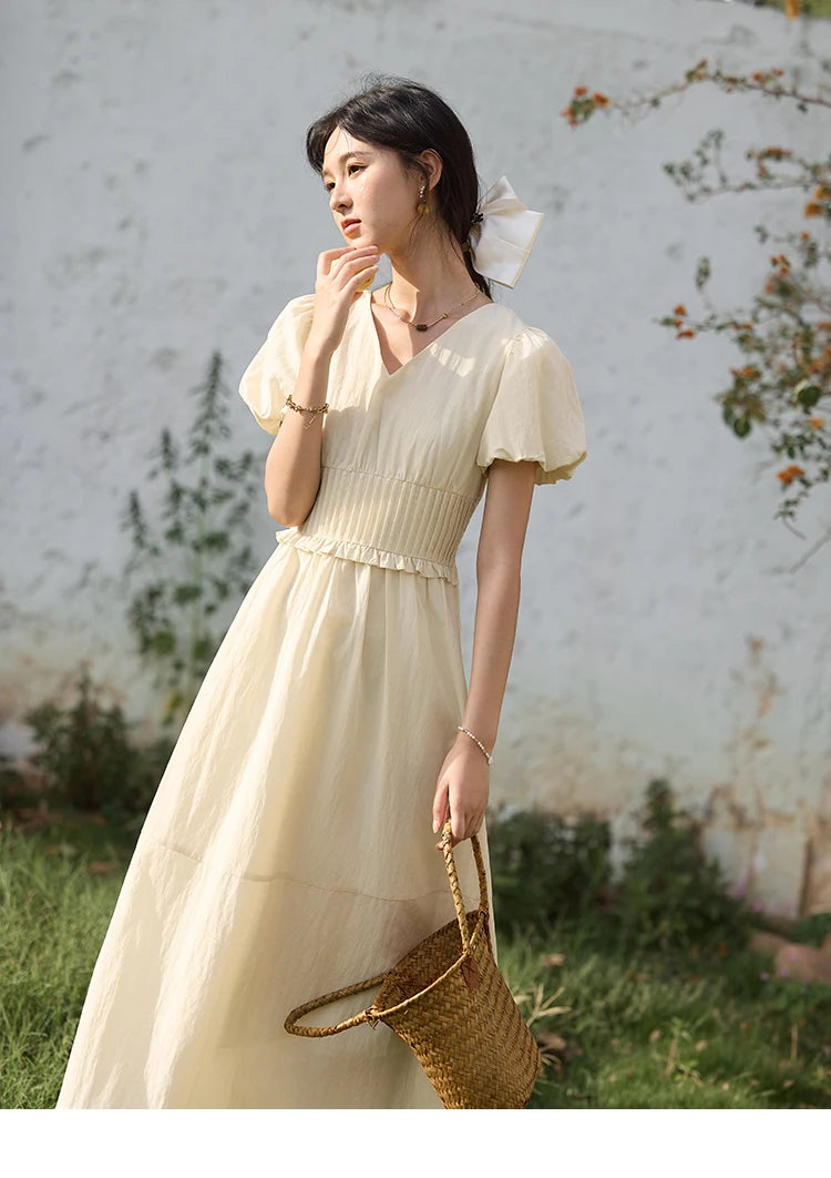 MISHOW French Summer Dresses Women 2025 New Short Puff Sleeve V-neck Solid Cotton Blended Dress Female Slimming MXE34L2288