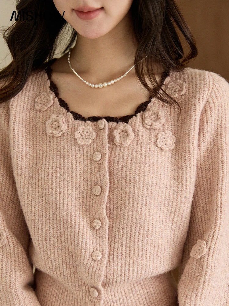 MISHOW Women's Pink Knitted Cardigan 2025 Autumn Winter Flower Decor Lace Trim Button Cardigan Slim Warm Pullover Top MXE94Z2862