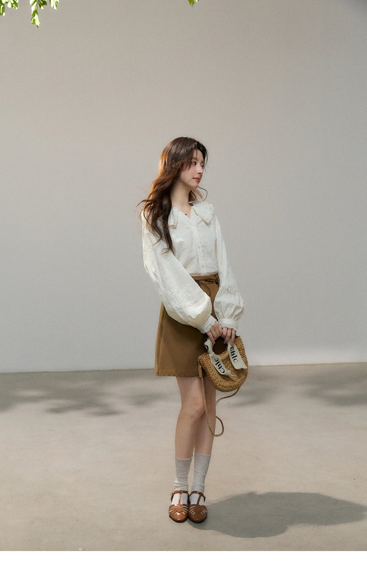 MISHOW Women's Beige Apricot Lace Shirts 2026 Spring Peter Pan Collar Micro Lantern Sleeves Top Casual Elegant Shirt MXF108C0813