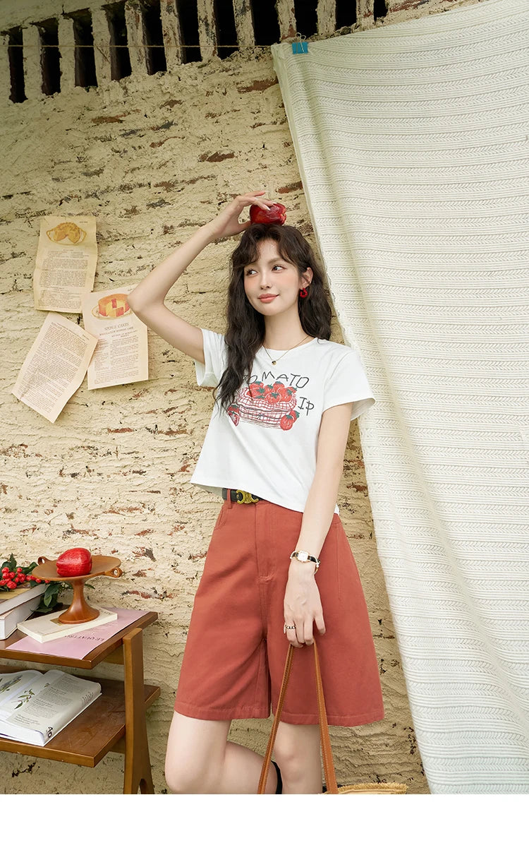 MISHOW Red Casual Shorts for Women 2024 Summer Korean Symmetrical Pocket High Waist Loose Straight Leg Short Pants MXD25K0679