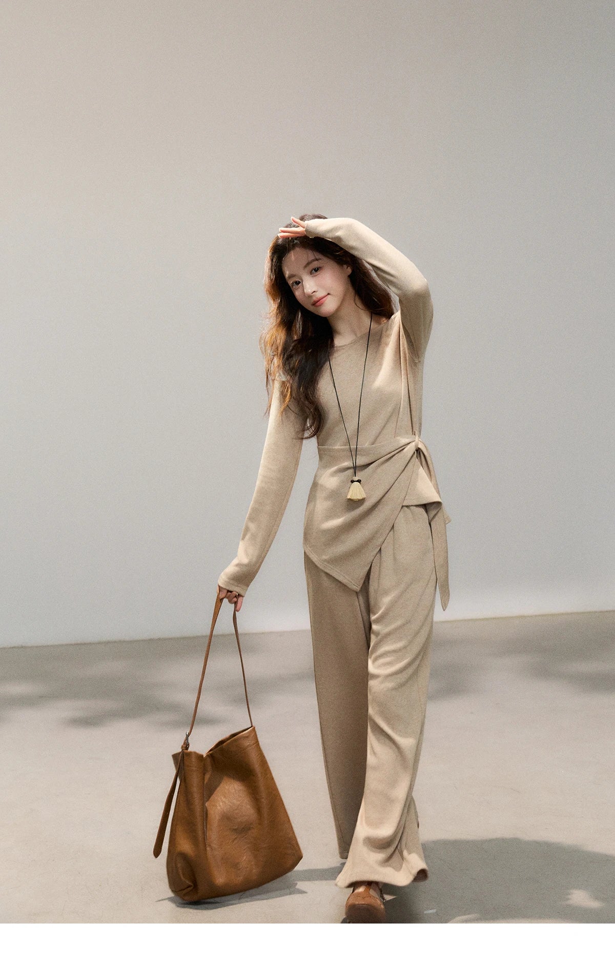 MISHOW Women's Khaki Knitted Two-Piece Set 2026 Spring Asymmetrical Hem Waist-Cinched Top Wide Leg Pants Casual Sets MXF11T1465