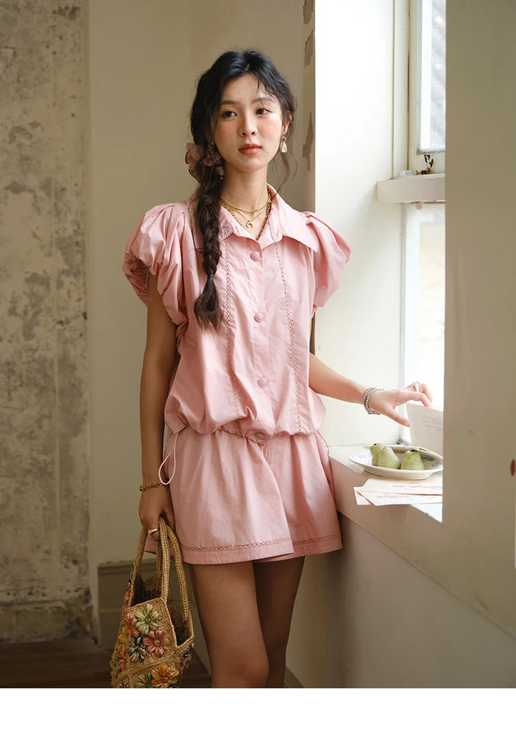 MISHOW 2 Pieces Set for Woman 2025 Summer New Loose Sweet Short Sleeve Button Shirt Casual Shorts Set Ladies Clothing MXE34T0591