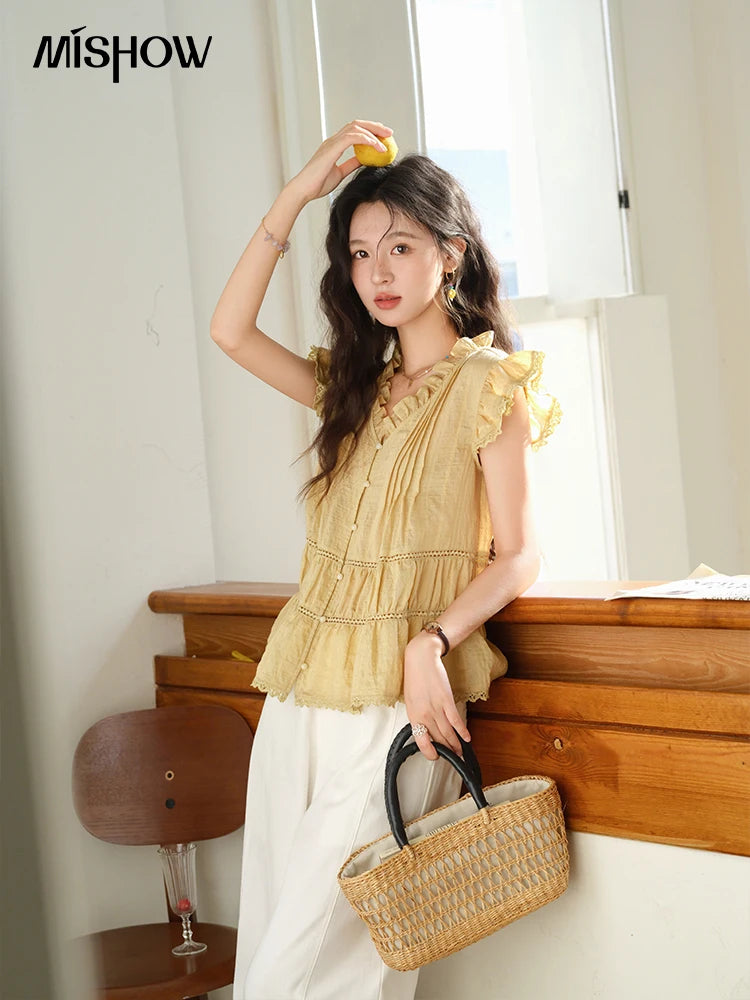 MISHOW Women's Summer Shirt 2025 New Wood Ear V-neck Flying Sleeve Shirt Casual Wrinkle Spliced Button Ladies Top MXE37X1908