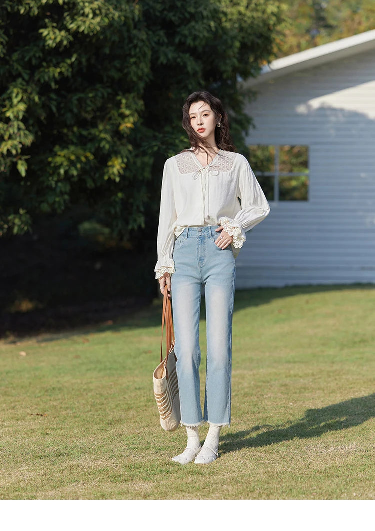 MISHOW Lace Patchwork Shirt for Women Spring 2025 V-neck with Fungus Edge Lace-up Chiffon Top Petal Sleeve Shirts MXE13X1713