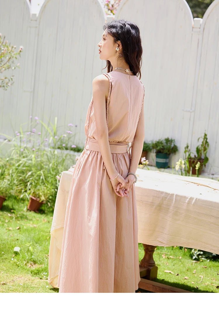 MISHOW Women's Vest Dress 2025 Summer Hand Woven Fried Dough Twists Waist Belt Slim Long Dress A-line Vacation Dress MXE34L2223