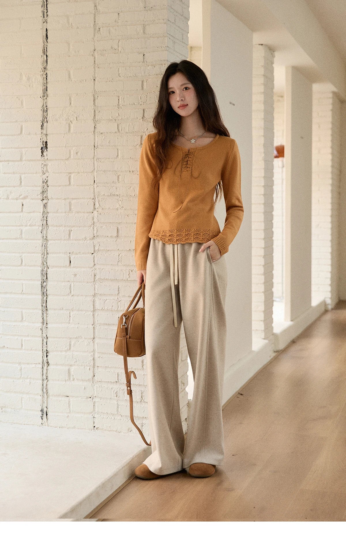 MISHOW Woman Beige Knit Top 2025 Winter Contrast Color French Style Hem Hollow Crochet Sweater Slim Long Sleeves Top MXE89Z2634