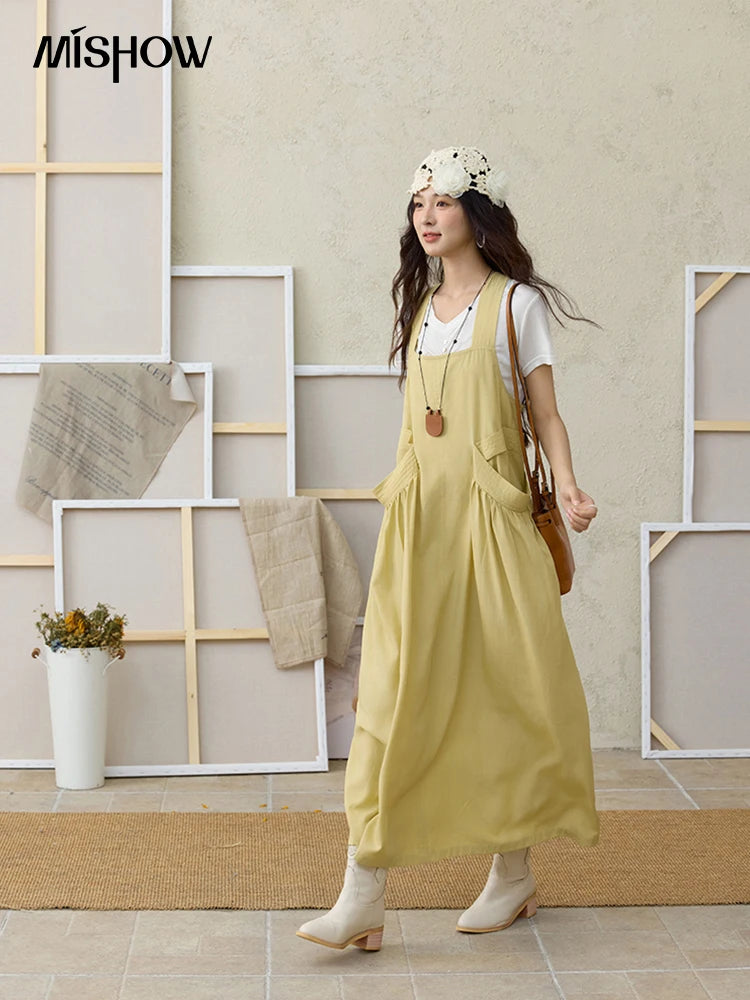 MISHOW Women's Cargo Large Pocket Strap Dress 2025 Summer Lemon-yellow Sleeveless Dress Retro Square Neck Loose Dress MXE35L2302