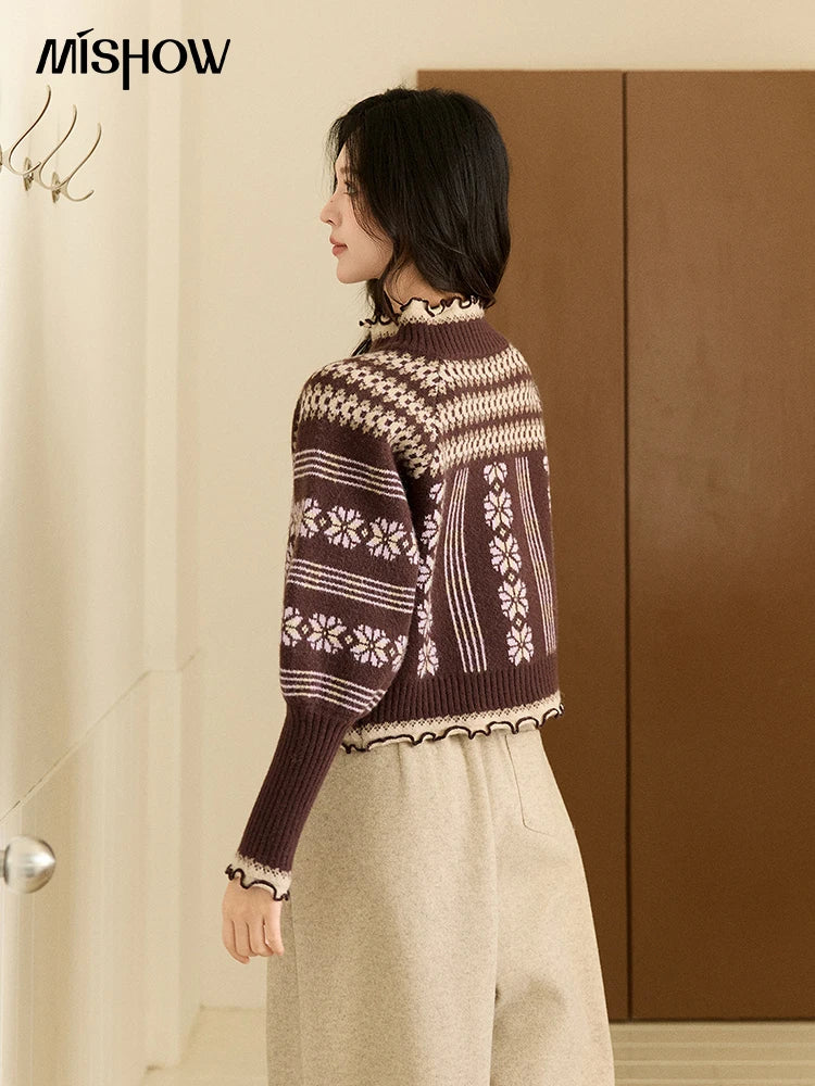 MISHOW Women's Brown Knitted Fair Isle Sweater Vintage Jacquard Lantern Sleeves Zipper Top Ruffled Trim Warm Sweaters MXE91Z2868