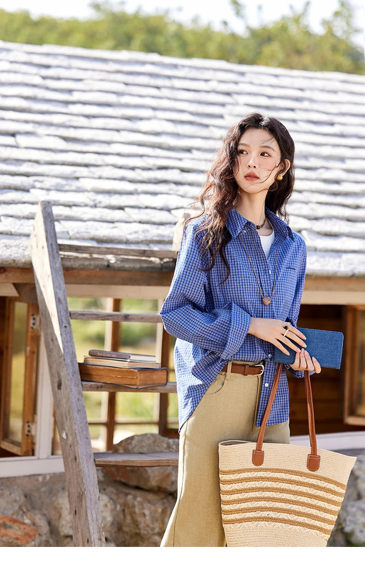 MISHOW Fashion Retro Blue Checkered Shirt Women's Autumn New Loose Casual Lapel Cotton Shirts Long Sleeves Tops Women MXE11C0398
