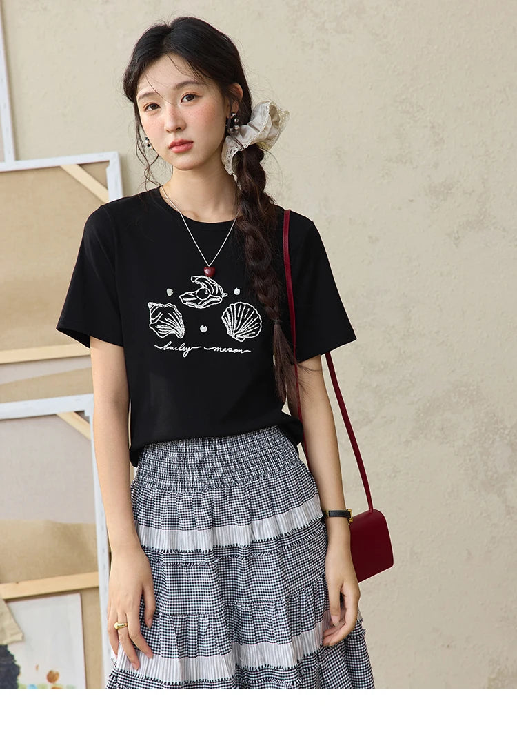 MISHOW Women's Shell Embroidered T-shirt 2025 Summer Short Sleeve Cotton Blend Tops Loose Slim Round Neck Casual Tees MXE34T0570