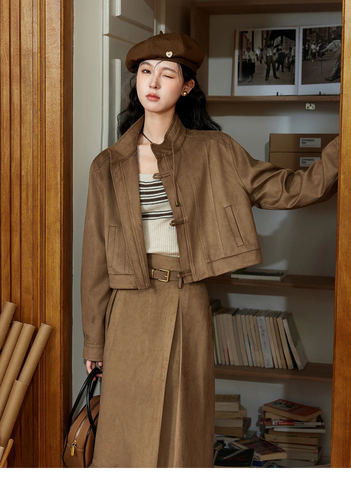 MISHOW Retro Suede Jacket Pleated Skirt Separately for Women 2024 Autumn Short Stand Neck Jacket A-line Short Skirt MXD44W0423