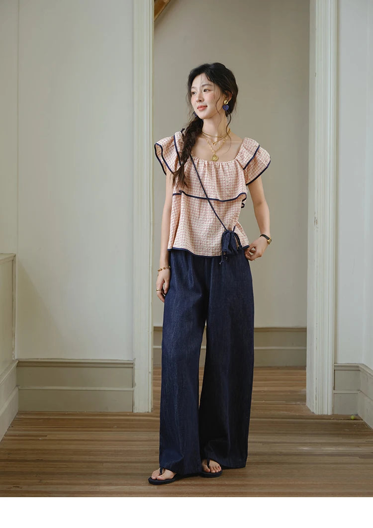 MISHOW Two-Piece Ladies Set Square Neck Ruffles Plaid Blouse High Waist Slim Wide Leg Casual Pants Set 2025 Summer MXE36T0636