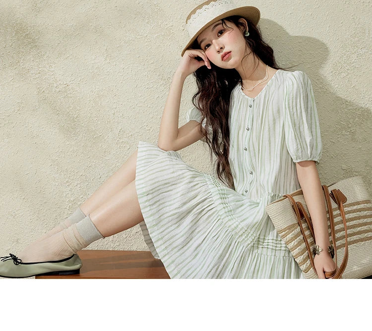 MISHOW French Green Striped Dress Women Summer 2025 Short Puff Sleeve Round Neck New Mid-length Dresses Woman Fashion MXE15L2141