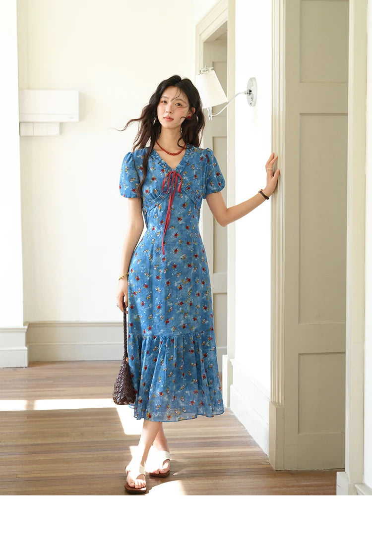 MISHOW Women's V-neck Lace Up Dress 2025 Summer New Female Fashion Puff Sleeve Chiffon Print Dresses Ladies Clothing MXE39L2401