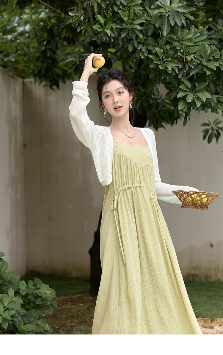 MISHOW Irregular Pleated Suspender Long Dress for Women 2025 Summer Olive Green Dress Loose Drawstring Waist Dresses MXD31L1928