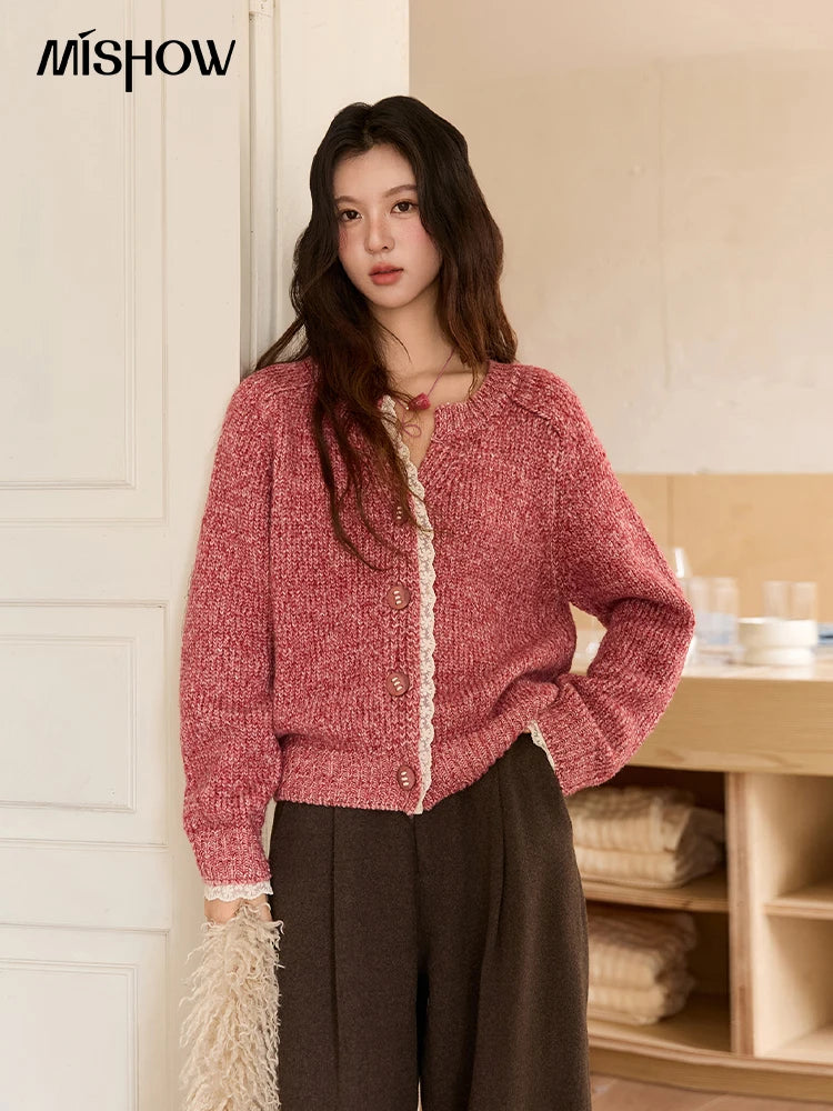 MISHOW Knitted Cardigan Women 2025 Autumn Winter Elegant Lace V-neck Single-breasted Sweater Commute Long Sleeves Top MXE51Z2548