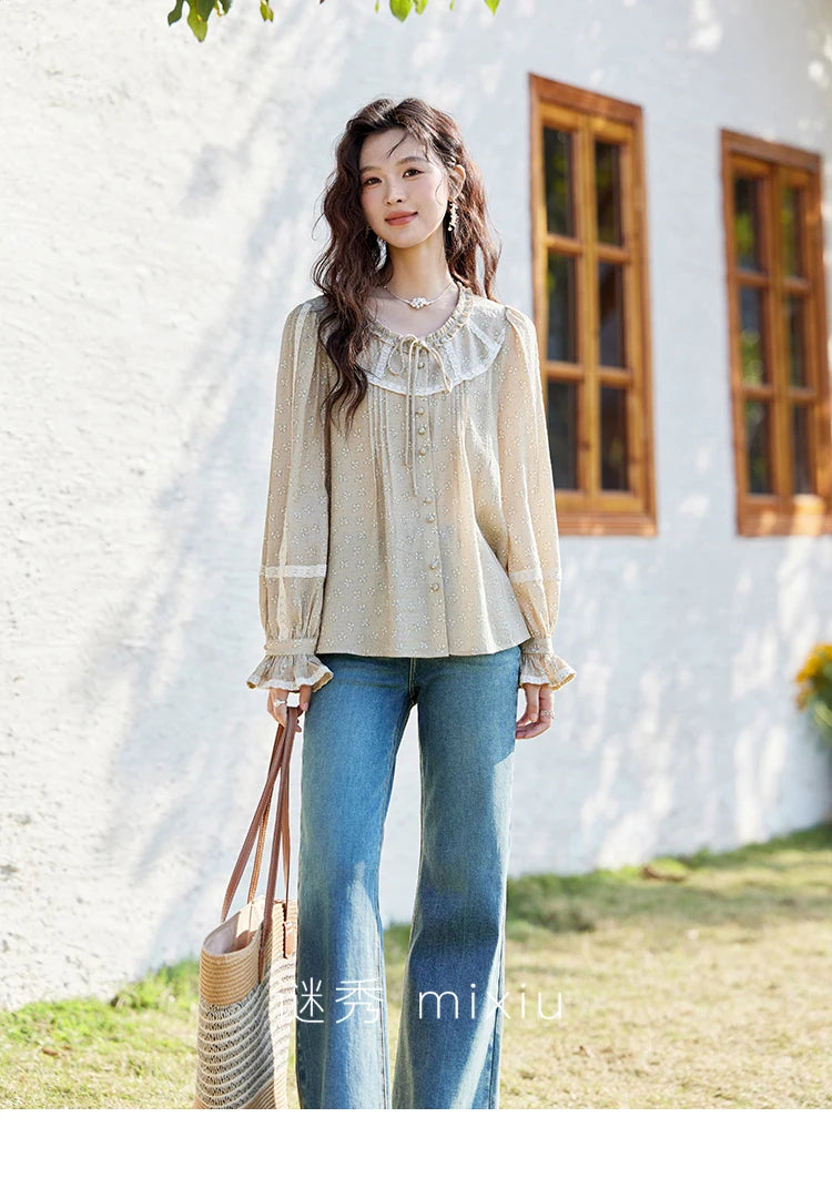 MISHOW Women's Floral Round Neck Shirts 2025 Spring Ruffled Collar Commuting Top Sweet Petal Sleeve Lace-up Shirts MXE14X1729