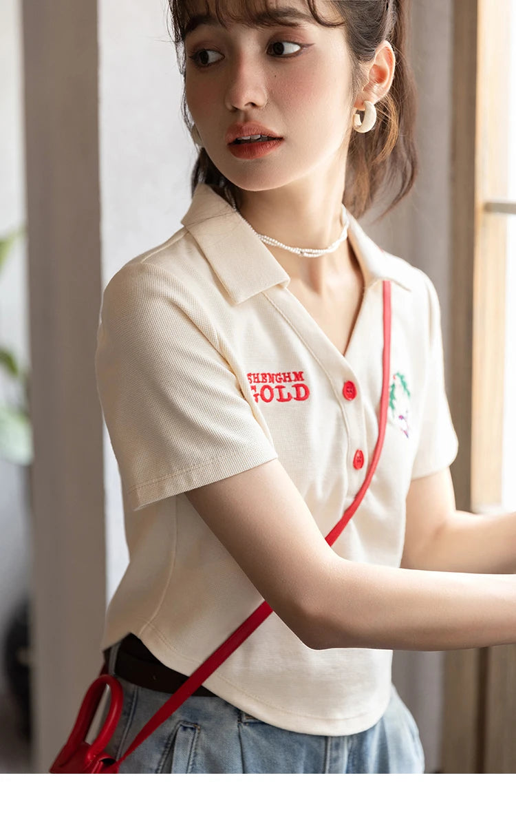 MISHOW Summer T-shirts for Women Korean Fashion Polo Collar Embroidery Letter Short Tops Harajuku Casual Solid Tees MXB32T0477