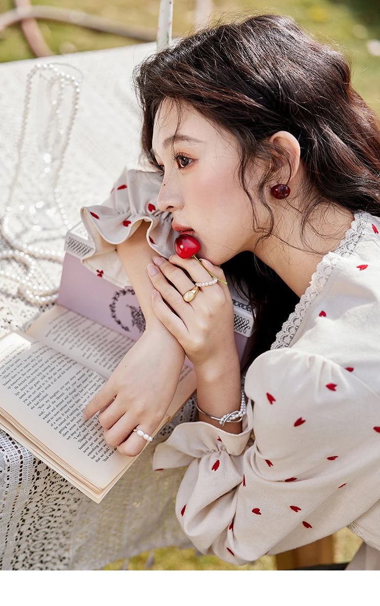 MISHOW Women's Love Embroidered V-neck Blouses 2025 Spring Linen Cotton Retro Slim Tops Sweet Waist Ruffle Blouse MXE13X1700