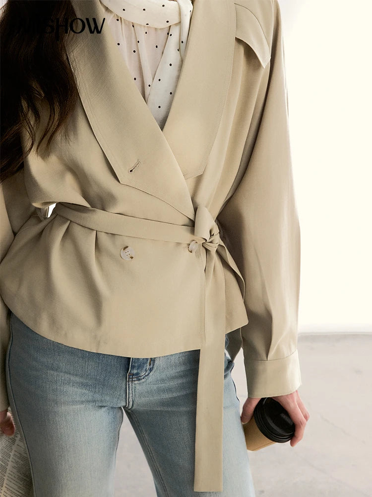 MISHOW Women's Khaki Belted Waist Coat 2026 Spring Lapel Double-breasted Coats female Casual Short Jacket Office Lady MXF13W1056