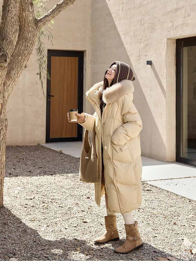 MISHOW White Duck Down Coat Hooded Long Removable Fox Fur Collar Down Jacket Zipper Design Warm Wind Resistance Coat MXD55Y0052