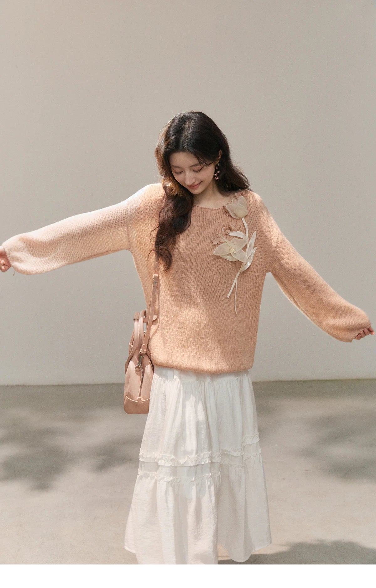 MISHOW 3D Floral Applique Crew Neck Knit Thin Sweater 2026 Spring Loose Casual Elegant Top Soft Pinkish Beige Sweater MXE47Z2649