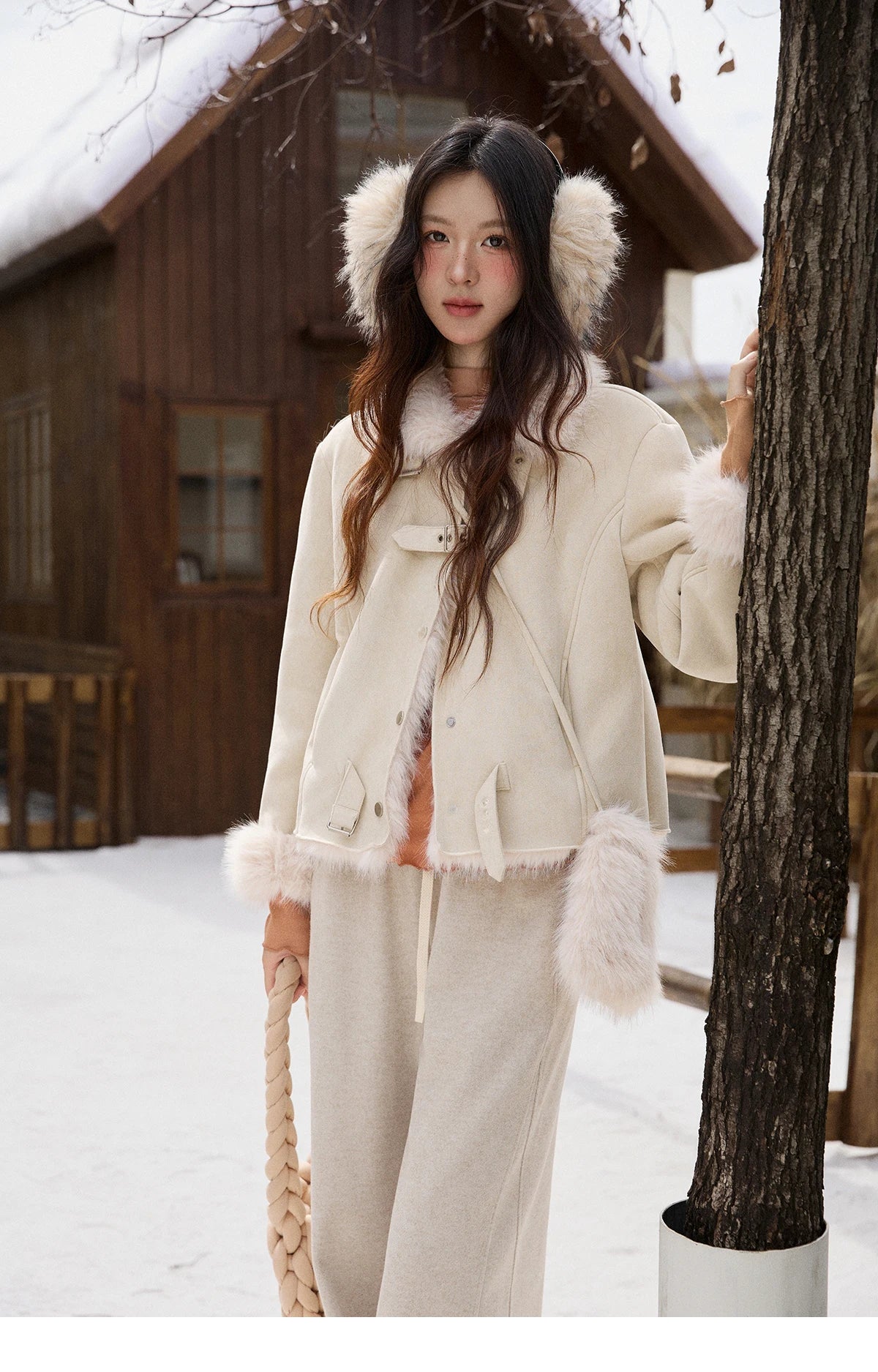 Mishow Faux Fur Lapel Short Coat with Plush Bag MXE91W1000