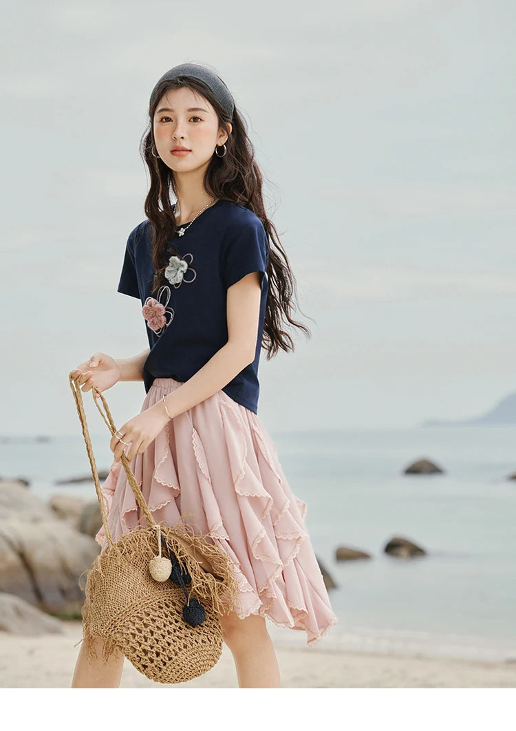 MISHOW Casual Summer Print T-shirts Women New 2025 Short Sleeve Round Neck Flower Beaded Shirts Female Fashion Tops MXE33T0499