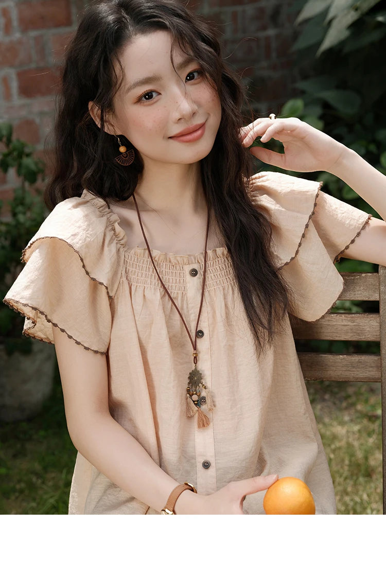 MISHOW Women's Fashion Butterfly Sleeve Blouse Summer 2025 New Loose Casual Square Neck Button Top Women's Clothing MXE37X1854