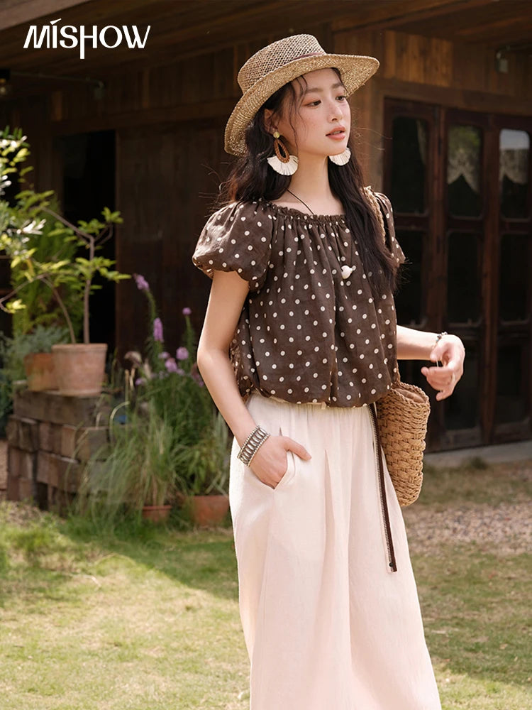 MISHOW Women's Two-Piece Set Fashion Polka Dot One Shoulder Puff Sleeve Blouse Summer 2025 Casual Wide Leg Pants Set MXE38T0683