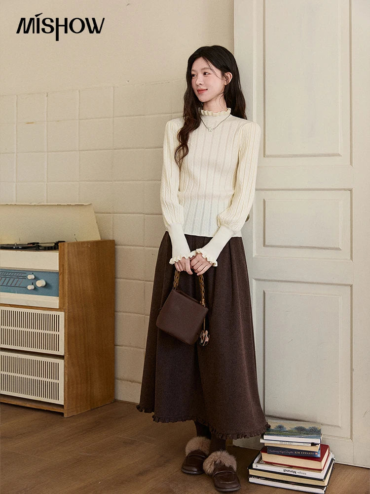 MISHOW Women's Half Turtleneck Ruffle Trim Lantern Sleeve Bottoming Tops 2025 Winter Vertical Rib Slim Knitted Top MXE93Z2810