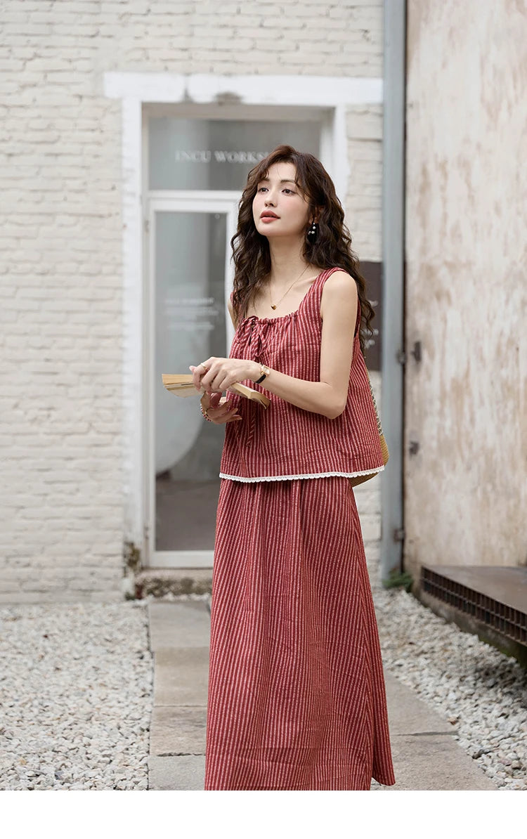 MISHOW French Red Stripe Tank Blouse Elastic Waist Skirt Separately Women 2024 Summer Slim Vacation Strap Waist Skirt MXD30X1631