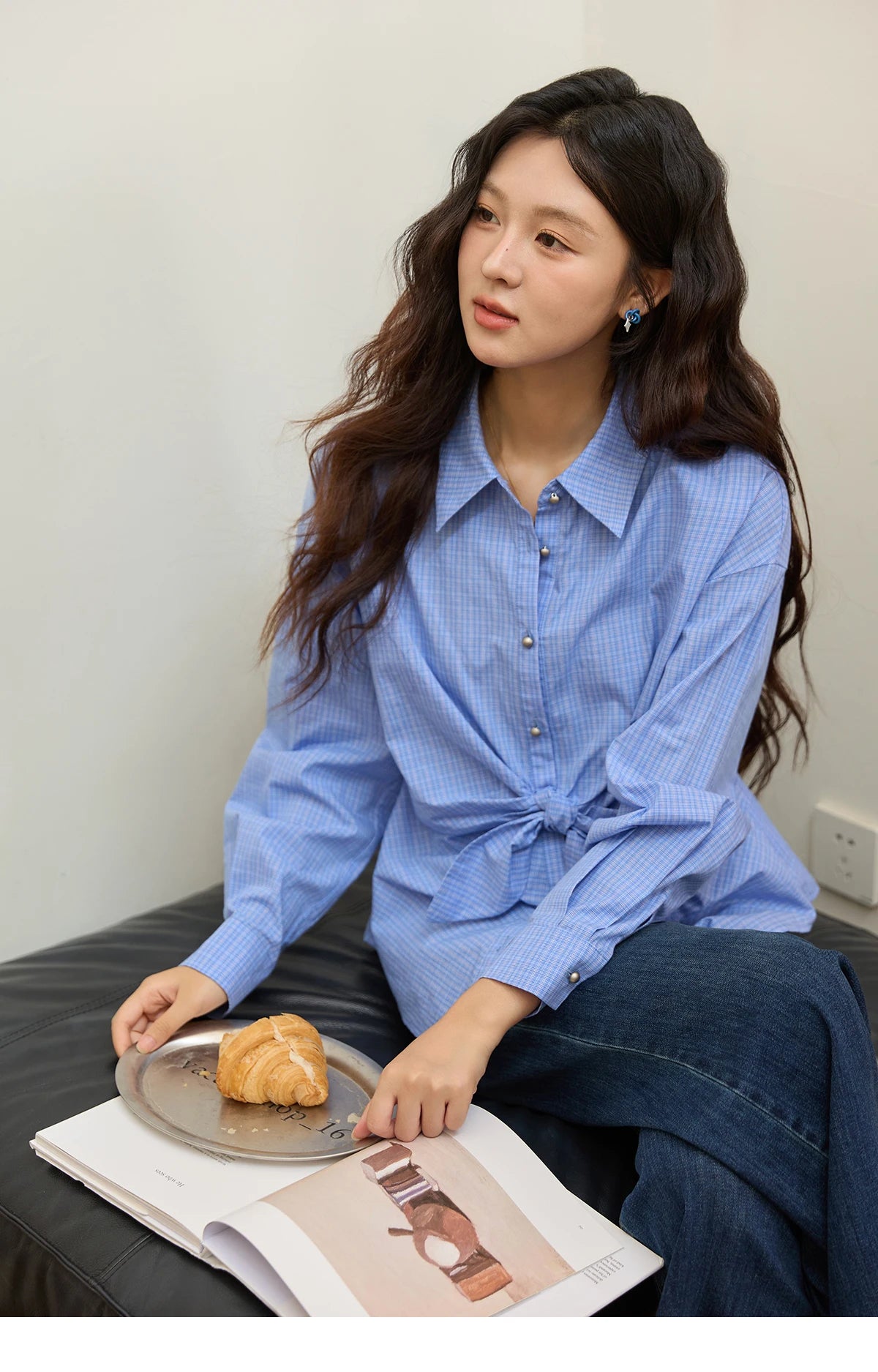 MISHOW Blue Plaid 100 Cotton Shirt Autumn 2025 Bow Tie Waist Matte Silver Butto Shirts Lapel Dropped Sleeved Tops MXE44C2395