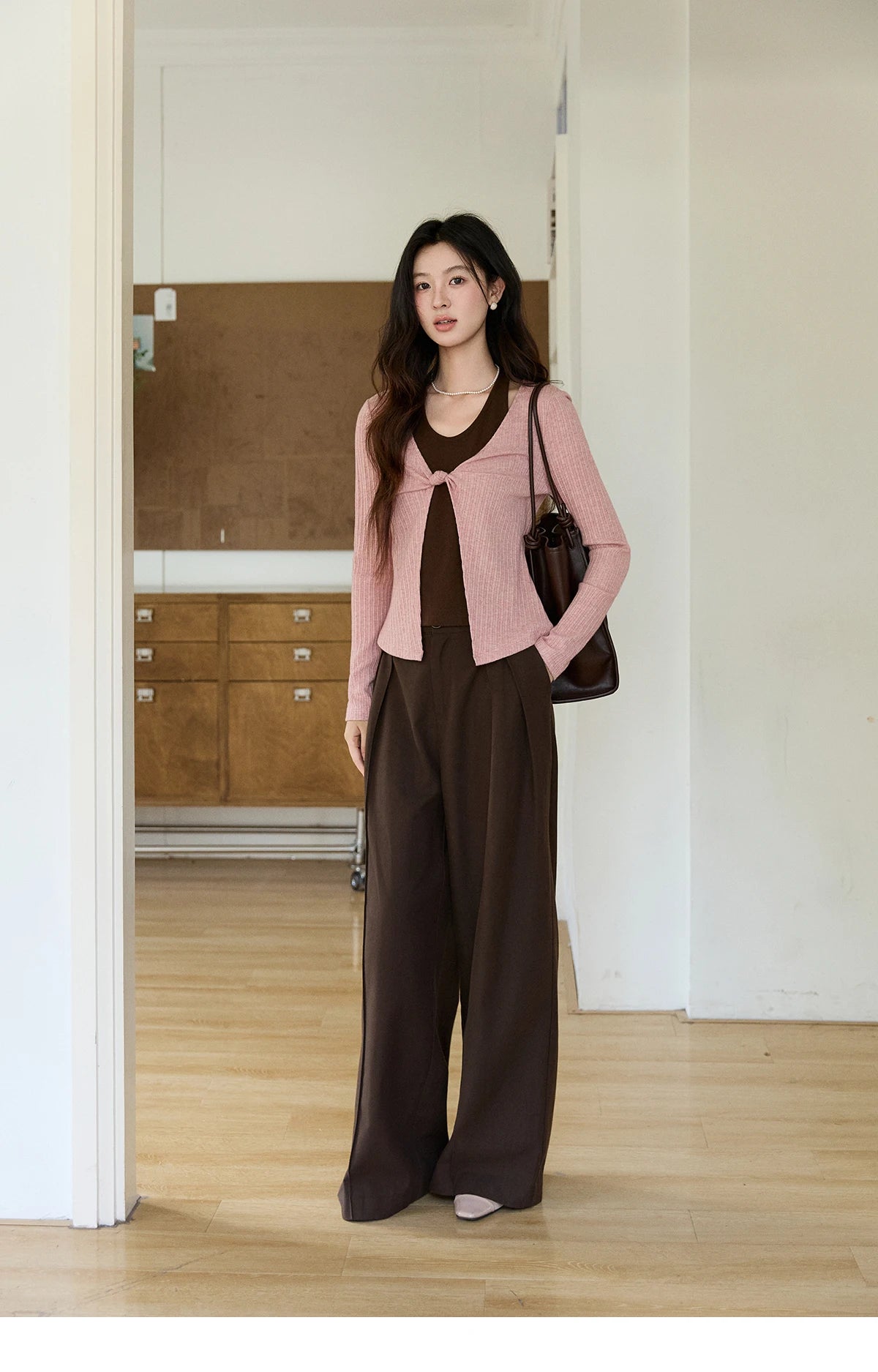 MISHOW Women's Dark Brown Wide Leg Pants 2026 Spring High Waist Pleated Pants Back Elastic Waist Casual Trousers MXF108K1010