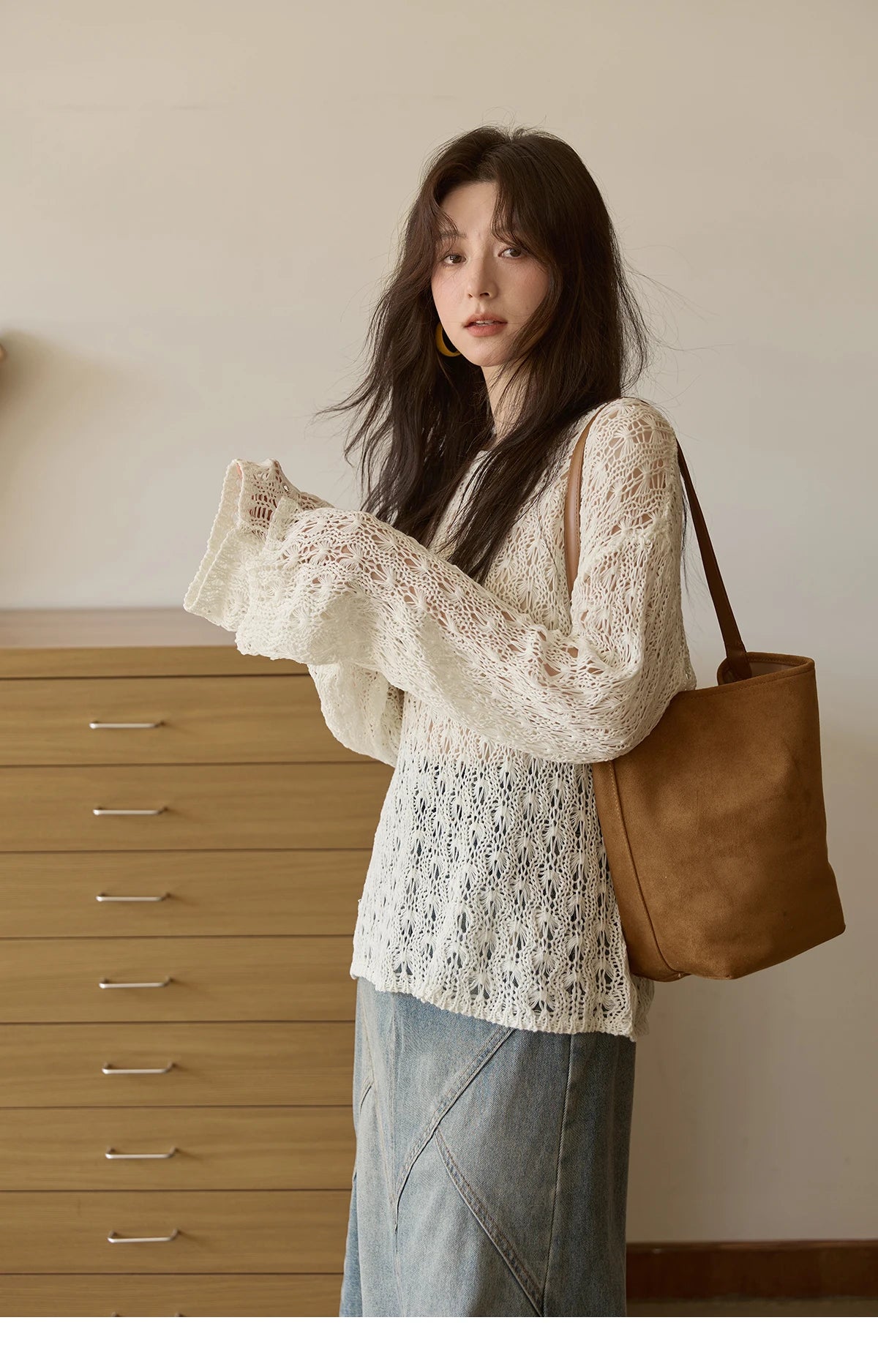 MISHOW Women's Hollow Knitted Tops 2025 Autumn Jacquard Weave Breathable Top Solid Dropped Sleeve Knitted Sweaters MXE43Z1360