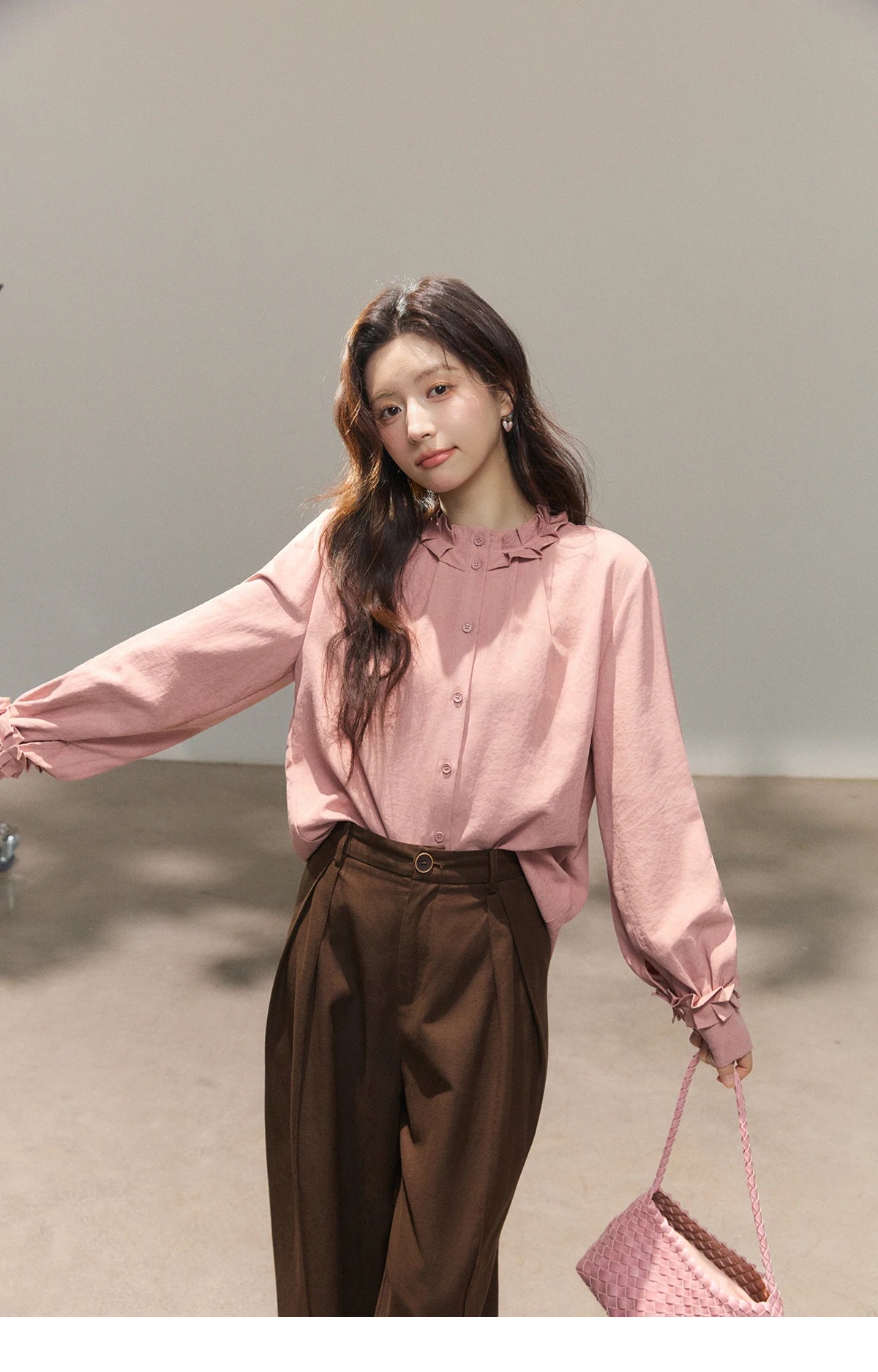 MISHOW Women's Peach Skin Solid Shirt 2026 Spring Ruffled Crew Neck Single-breasted Tops Casual Long Sleeve Shirts MXF11C2431