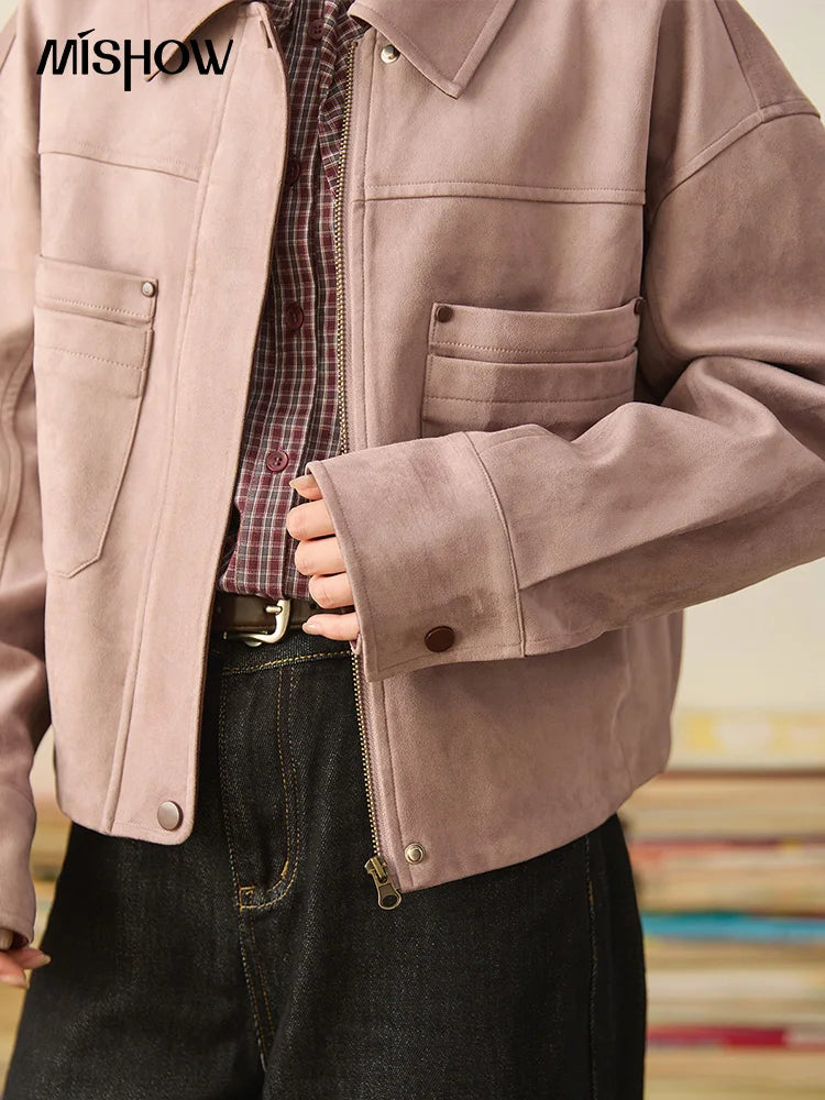 MISMHOW Taro Purple Leather Jacket Autumn 2025 Contrasting Splic Short Jackets Symmetrical Double-layer Pocket Coat MXE44W0816