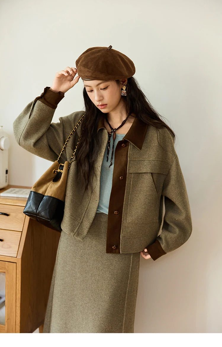 MISHOW Wool Woolen Coat for Women 2025 Autumn Contrasting Suede Patchwork Retro Short Top Lapel Loose Warm Coats MXE46W0844