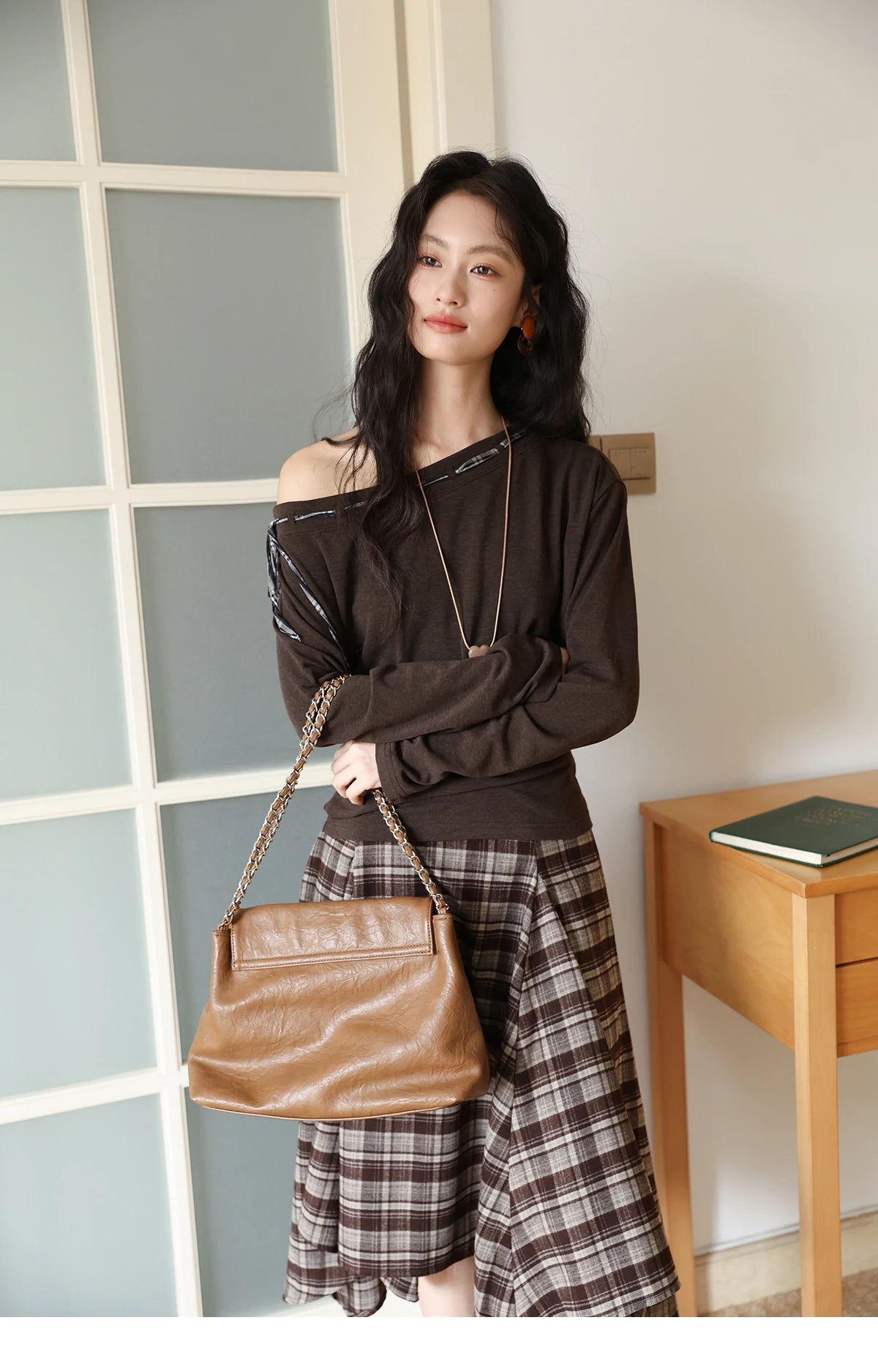 MISHOW Slant Shoulder Knitted Top for Women Autumn 2025 Drak Brown Plaid Strap Design Tops Casual Knitted Base Top MXE45T1402